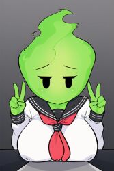 ai_generated big_breasts black_eyes breasts_on_table busty female fire fire_elemental fire_girl five_fingers fuku_fire gray_background green_fire green_skin monster_girl nipple_bulge no_mouth npc peace_sign pixai school_uniform schoolgirl solo undertale undertale_(series) upper_body