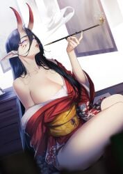 1girls beauty_mark black_hair blueorca breasts cleavage clothed clothing horns huge_breasts indoors kiseru monster_girl oni oni_female oni_horns original pointy_ears purple_eyes smoking_pipe traditional_clothes