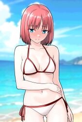 beach bikini blue_eyes blue_sky blurry blurry_background breasts day embarrassed female furaggu_(frag_0416) highres hisui_(tsukihime) medium_breasts navel ocean outdoors red_hair short_hair side-tie_bikini_bottom sky solo swimsuit tsukihime white_bikini