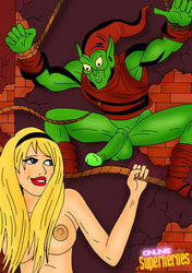 1boy 1girls bondage female green_goblin gwen_stacy male marvel nipples norman_osborn online_superheroes penis spider-man_(series) testicles