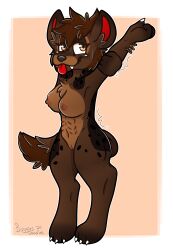 abs anthro areolae ass breasts buggiesdoodles furry hyena medium_breasts muscular_female roxy short_hair six_pack solo_female stretching sweatdrop tomboy tongue_out