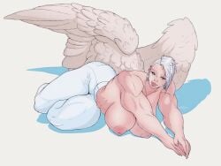 1girls abs alexcherubic angel big_breasts big_nipples blue_eyes breasts breasts breasts crop_top jeans muscles muscular muscular_female nipples original original_character pants piercing short_hair solo_female thick_thighs white_hair wings