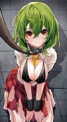 animal_collar bare_legs bikini bikini_top_only bikini_under_clothes black_bikini blush bondage bound bound_wrists breasts collar cuffs female green_hair hair_between_eyes highres hira-san kazami_yuuka kneeling large_breasts leash looking_at_viewer mature_female milf open_clothes open_shirt plaid plaid_skirt red_eyes red_skirt restrained shackles shirt skirt solo sweat swimsuit torn_clothes torn_skirt touhou upturned_eyes viewer_holding_leash white_shirt yuka_kazami