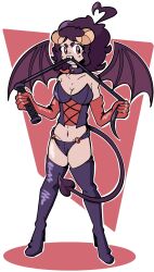 1girls artist_request bite bondage cleavage clothed_female clothing demily demilypyro demon_girl dominatrix elbow_gloves female horns indie_virtual_youtuber latex_boots latex_gloves pale_skin simple_background succubus succubus_costume tail thigh_boots virtual_youtuber weapon whip wings