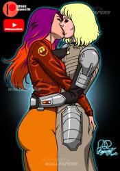 2girls ass_grab ass_squeeze big_butt clothed clothed_female clothing fully_clothed groping hand_in_hair head_grab holding jacket kaywest kissing lipstick multicolored_hair multiple_girls orange_clothing platinum_blonde_hair red_lipstick sabine_wren shin_hati side_view source_request standing star_wars star_wars:_ahsoka waist_grab yuri