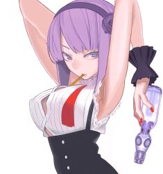 1girls armpits arms_behind_head big_breasts bottle breasts bursting_breasts busty button_gap cleavage dagashi_kashi female female_only half-closed_eyes highres large_breasts looking_at_viewer medium_hair mouth_hold no_bra parted_lips pose posing purple_eyes purple_hair seductive seductive_look sexy_armpits shidare_hotaru smile solo