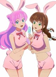 blue_eyes brown_hair bunny_girl bunnysuit duo fuufu_ijou_koibito_miman green_eyes lollipop official_art pink_hair sakurazaka_shiori watanabe_akari