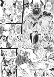 anila_(granblue_fantasy) asanagi big_breasts defeated defeated_heroine draph_race_(granblue_fantasy) english english_text femsub granblue_fantasy greyscale hard_translated hitting instant_loss male_domination maledom monochrome narmaya_(granblue_fantasy) page_1 punching scared scared_expression shortstack skirt text