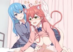 arakage bare_breasts big_breasts blush cat_ears cat_tail hololive hololive_gen_0 hololive_japan hoshimachi_suisei hypnosis nipple_play on_bed sakura_miko virtual_youtuber yuri