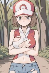 after_battle ai_generated alternate_universe annoyed annoyed_expression blue_eyes blush bob_cut breasts brown_hair cap crossed_arms female forest forest_background jean_shorts looking_at_viewer pixai pokemon red_(pokemon) red_cap red_vest ripped_clothing ripped_jeans rule_63 shirt shorts slim solo sweat sweatdrop torn_clothes torn_clothing vest