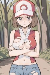 after_battle ai_generated alternate_universe annoyed annoyed_expression blue_eyes blush bob_cut breasts brown_hair cap crossed_arms female forest forest_background jean_shorts looking_at_viewer nintendo pixai pokemon red_(pokemon) red_cap red_vest ripped_clothing ripped_jeans rule_63 shirt shorts slim solo sweat sweatdrop torn_clothes torn_clothing vest