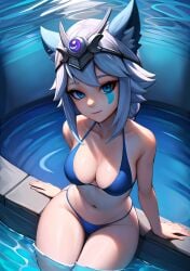 1girls ai_generated animal_ears bikini blue_eyes breasts cleavage female female_only fox_ears fox_girl front_view headwear io_(paladins) looking_at_viewer navel paladins partially_submerged silver_hair sitting solo stable_diffusion thigh_gap water