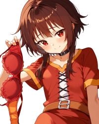 1girls ai_generated black_hair blush bra female female_only holding_bra kono_subarashii_sekai_ni_shukufuku_wo! light-skinned_female light_skin looking_at_viewer megumin red_eyes short_hair small_breasts smiling solo solo_female