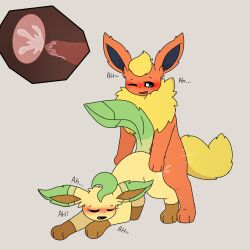 blush cum cum_inside eeveelution_squad female flare_(eeveelution_squad) flareon generation_1_pokemon generation_4_pokemon leaf_(eeveelution_squad) leafeon leafy_green_ male male/female nintendo pokemon pokemon_(species) sex