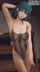 1girls 3d areolae armpits bare_arms bare_thighs blue_eyes breasts byleth_(fire_emblem) byleth_(fire_emblem)_(female) female female_only fire_emblem fire_emblem:_three_houses foulveins leotard lingerie looking_at_viewer medium_breasts medium_hair nintendo off_shoulder pose see-through solo teacher teal_hair thighs