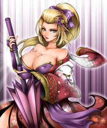 1041_(pixiv) areola_slip areolae bare_shoulders blonde_hair breasts cleavage female female_only green_eyes huge_breasts japanese_clothes long_hair nipple_slip nipples setsuka solo soul_calibur sword tattoo umbrella weapon