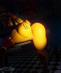 3d_(artwork) 5_fingers animatronic anthro ass avian big_butt bird bite biting_lip blender_(software) blush butt_grab chicken digital_media_(artwork) female fingers five_nights_at_freddy's five_nights_at_freddy's_2 galliform gallus_(genus) hand_on_butt heart_eyes heart_symbol huge_butt jaiblizz looking_at_viewer looking_back machine phasianid red_eyes robot scottgames solo thick_thighs toy_chica_(fnaf) yellow_body