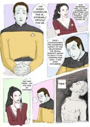 1girls alien android betazoid_(species) cleavage clothed collarbone combadge comic data deanna_troi dialogue english_text female humanoid male nude speech_bubble star_trek star_trek_the_next_generation starfleet_insignia starfleet_uniform text