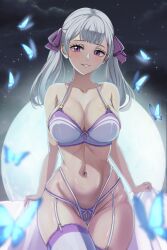 1girls absurd_res bangs belly big_breasts black_clover bra breasts butterfly cleavage curvy female female_focus female_only garter_straps hair_ribbon hi_res huge_breasts large_breasts lingerie looking_at_viewer moon navel night noelle_silva outdoors panties purple_eyes shiny_skin silver_hair skimpy smile stockings the_amazing_gambit thick thick_thighs thighhighs thighs thong tsundere twintails wide_hips