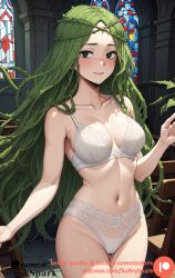 1girls ai_generated boku_no_hero_academia brambles breasts church church_interior commission day female female_only green_hair ibara_shiozaki indoors laces lingerie lingerie_only long_hair medium_breasts my_hero_academia patreon patreon_username plant plant_girl shiozaki_ibara smile smiling sultryspark underwear underwear_only white_panties