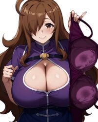 ai_generated blush bra brown_eyes brown_hair g-cup gigantic_breasts hair_over_one_eye holding_bra huge_bra huge_breasts kono_subarashii_sekai_ni_shukufuku_wo! light-skinned_female light_skin long_hair looking_at_viewer massive_breasts mature_female milf mommy smiling solo_female very_long_hair voluptuous voluptuous_female wiz_(konosuba)