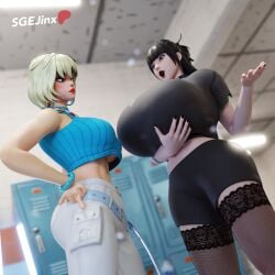 3d 3d_(artwork) 3d_render belt belt_buckle big_breasts black_hair blender blender_cycles blonde_hair blue_eyes blurry_background bracelet changing_room charlotte_(fortnite) clothed clothed_female collar epic_games evie_(fortnite) fortnite fortnite:_battle_royale frown hands_on_breasts high_resolution highres jeans large_breasts light-skinned_female light_skin lights locker locker_room lockers purple_eyes rude_gesture sgejinx_(artist) shirt shorts slayer_charlotte_(fortnite) stockings summitseeker_evie_(fortnite) tagme talking_to_another trousers underboob