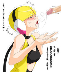 bad_id blonde_hair blush censored cum elesa_(pokemon) elesa_(pokemon_bw) facial gym_leader headphones highres human human_only nintendo pokemon pokemon_bw tea_cup_(artist) trembling