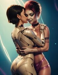 2girls ai_generated alita android art3mis ass back_view battle_angel_alita black_hair cheek_kiss closed_eyes cyberpunk kissing lines_on_body panties panties_only pink_hair ready_player_one robot_girl sci-fi synth_canvas tagme yuri