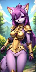 1girls 2024 ai_generated anthro bottomless bottomless_female exposed_pussy female female_only fox fox_ears fox_girl fox_tail furry gemstone gold_armor innie_pussy long_hair looking_at_viewer outside paladin purple_body purple_eyes purple_fur purple_hair pussy sideboob