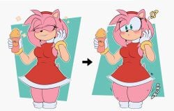 amy_rose ass_expansion before_and_after green_eyes ice_cream mrxrickyx red_dress sonic_(series) suprised_expression tagme thigh_expansion