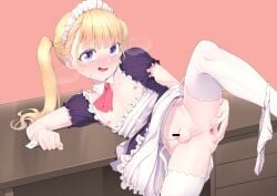 1boy anus bar_censor blonde_hair blush censored crossdressing desk dress eyebrows_visible_through_hair femboy garter_straps girly hokuro_ryuuseigun leg_up long_hair looking_at_viewer maid maid_headdress male male_focus male_only nipples nose_blush open_mouth original otoko_no_ko panties panties_around_one_leg penis perineum purple_eyes short_sleeves simple_background small_penis solo spread_anus sweat testicles thighhighs trap twintails underwear white_legwear white_panties wrist_cuffs