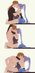 1boy 1girls arms_around_neck blue_hair chocorutt closed_eyes female genshin_impact imminent_sex kamisato_ayaka kissing legs_around_partner long_hair making_out male/female multiple_images partially_clothed passionate passionate_kiss ponytail straight thoma_(genshin_impact) undressing