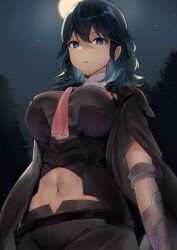 1girls bare_midriff blue_eyes blue_hair breasts byleth_(fire_emblem) byleth_(fire_emblem)_(female) clothed clothing female female_only fire_emblem fire_emblem:_three_houses fit_female forest from_below haru_(nakajou-28) highres large_breasts looking_at_viewer medium_hair midriff nature night night_sky nintendo outdoors shorts sky slim_waist solo teal_hair thin_female