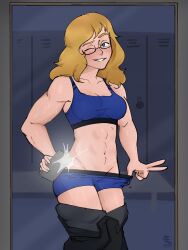 1girls 2022 after_workout aged_up artist_name artist_signature black_pants blonde_hair blue_bra blue_panties blush bra cleavage cuknite32 glasses human_only indoors iris_thompson locker_room long_hair looking_at_viewer mirror mirror_selfie mommy muscular_female pants_down phone raised_eyebrow scp scp-105 scp_foundation selfie smile solo suggestive_look sweat teasing underwear winking_at_viewer