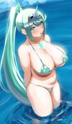 1girls 2022 alternate_breast_size awesomeerix bangs bikini blush breasts core_crystal female female_only green_bikini green_eyes green_hair headgear hi_res hips large_breasts long_hair looking_at_viewer micro_bikini nintendo outdoors pneuma_(xenoblade) ponytail slim_waist swept_bangs thick_thighs thighs water wide_hips xenoblade_(series) xenoblade_chronicles_2