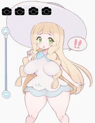 1girls big_breasts blonde_hair blush breasts clarevoir eye_contact female female_only game_freak green_eyes hat impossible_clothes lillie_(pokemon) long_hair looking_at_viewer nintendo pokemon pokemon_sm shortstack solo thick_thighs thighs voluptuous wide_hips