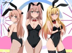 3girls animal_costume ass bangs bare_shoulders blonde_hair blush bowtie breasts brown_eyes brown_hair bunny_ears bunny_tail bunnysuit cleavage closed_mouth female female_only highres indexryo inui_sajuna inui_shinju kitagawa_marin large_breasts long_hair multiple_girls pantyhose rabbit_ears red_eyes smile sono_bisque_doll_wa_koi_wo_suru