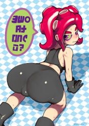 2015 all_fours anthro anus artist_name ass big_ass bike_shorts blush boots breasts checkered_background dialogue female gloves green_sclera looking_at_viewer looking_back nintendo octoling octopus purple_eyes red_hair short_hair shorts simple_background solo splatoon sweat taikodon tank_top torn_clothes