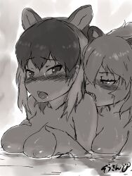 2girls bathing blush breast_hold breasts duo female female_only from_behind groping_from_behind high_resolution kemono_friends large_breasts licking lion_(kemono_friends) looking_at_viewer masuyama_ryou medium_breasts monochrome moose_(kemono_friends) multiple_girls nipples onsen open_mouth partially_submerged sharp_teeth steam tearing_up tongue tongue_out very_high_resolution water wet wet_hair yuri