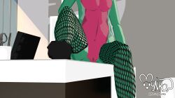 3d_(artwork) accessory alligator alligatorid anatomically_correct anatomically_correct_genitalia animal_genitalia anthro bottomwear clothing crocodilian desk digital_media_(artwork) eyewear fishnet fishnet_legwear furniture genitals glasses gynomorph hair hair_accessory hairclip hi_res highlights_(coloring) intersex legwear margot_(ohlordyit'sjordie) mynka nude office office_lady on_desk panties pink_highlights pinup pose purple_hair reptile scalie sitting sitting_on_desk slit solo table underwear