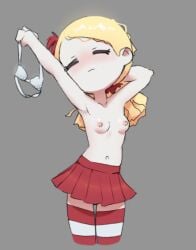 1girls artist_request b24 blonde_hair blush bra don't_starve don't_starve_together dont_starve dont_starve_together edit eyes_closed female_only klei_entertainment no_pupils pale-skinned_female pale_skin simple_background small_breasts solo stretching striped_legwear tagme wendy_(don't_starve) white_eyes