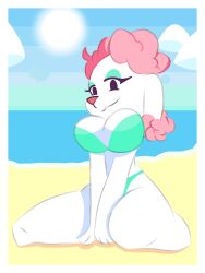 beach big_breasts bikini breasts cute domestic_dog female female_only looking_at_viewer mammal only_female pink_hair smiling_at_viewer smug smug_face teal_bikini