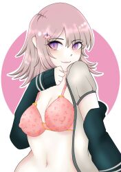 1girls big_breasts clothes clothes_removed danganronpa danganronpa_2:_goodbye_despair hair_ornament nanami_chiaki pink_bra pink_eyes pink_hair removing removing_clothing removing_jacket short_hair smiling smiling_at_viewer sole_female straight_hair tagme tronsnothere