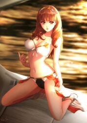 1girls alternate_costume ass_visible_through_thighs bangs bikini black_bikini blunt_bangs breasts brown_hair celica_(fire_emblem) cleavage collarbone covered_nipples esther-shen eyebrows_visible_through_hair female female_only fire_emblem fire_emblem_echoes:_shadows_of_valentia front-tie_bikini front-tie_top hairband kneeling large_breasts long_hair looking_at_viewer mismatched_bikini nail_polish navel nintendo parted_lips red_eyes red_nails shiny shiny_hair solo sunlight swimsuit white_bikini white_hairband white_swimsuit