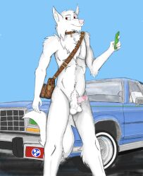 absurd_res albino albino_wolf anthro balls bodily_fluids bossman1969 canid canine canis car collar collar_only dripping erection exhibitionism fluffy fluffy_tail ford ford_crown_victoria fur genital_fluids genitals hi_res holding_object holding_phone humanoid_genitalia humanoid_penis hybrid louis_vuitton male mammal nude penis phone pink_penis pinup pose precum precum_drip pubes shoulder_bag solo vehicle white_body white_fur wolf wolfdog