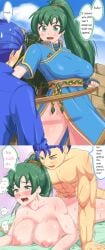 0.05 1boy 1girls 2koma alternate_breast_size big_breasts blue_hair breasts defeat dialogue english english_text female fire_emblem fire_emblem:_the_blazing_blade from_behind fucked_silly green_hair hard_translated hector_(fire_emblem) highres instant_loss instant_loss_2koma large_breasts lyn_(fire_emblem) nintendo nipples nude nude_female nude_male open_mouth pelvic_curtain ponytail prone_bone saliva sequential sequential_set sex sex_from_behind smile source_request straight sweat sweatdrop sword translated weapon wooden_sword