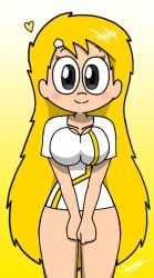 1girls adorable alternate_version_available big_breasts blush bottomless censored covering_crotch cute hairclip huge_breasts juanila_(writers_crusaders) long_hair no_panties no_pants no_underwear smile solo solo_female wcjuan writers_crusaders yellow_hair