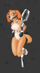 absurd_res anthro bodily_fluids bondage bondage bondage_furniture bound breasts canid canine canis cockapoo domestic_dog female gag genitals hi_res mammal mixed_breed oxytoto paw_patrol pussy skye_(paw_patrol) solo