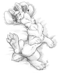 2022 alternate_species bedroom_eyes breasts female flinters fur genitals greyscale hair hi_res lagomorph lagomorph_taur leporid leporid_taur mammal mammal_taur monochrome mostly_nude narrowed_eyes neck_tuft nipples pawpads pillow pussy rabbit rabbit_taur scut_tail seductive short_tail solo taur tuft tyvulpine