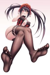 bare_shoulders black_hair black_panties blush breasts cameltoe cleavage clock_eye crossed_legs date_a_live eyebrows_visible_through_hair eyelashes_visible_through_hair feet feet_together foot_focus garter_straps hair_between_eyes hand_on_own_cheek heterochromia lolita_hairband long_hair looking_at_viewer looking_down neck_garter open_mouth panties red_eye simple_background smile soles solo_female thighhighs toes tokisaki_kurumi twintails white_background zhi_jiyang